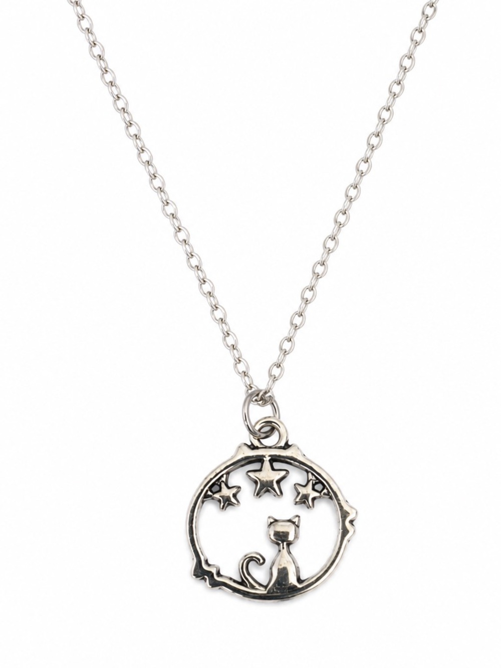 Silver Tone Cat and Stars Pendant Necklace - Women Jewelry